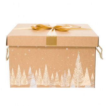 Coffret cadeau carton décor sapin or blanc avec nœud Or 34 X 34 X 20 cm