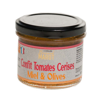 Confit tomates cerises, miel et olives